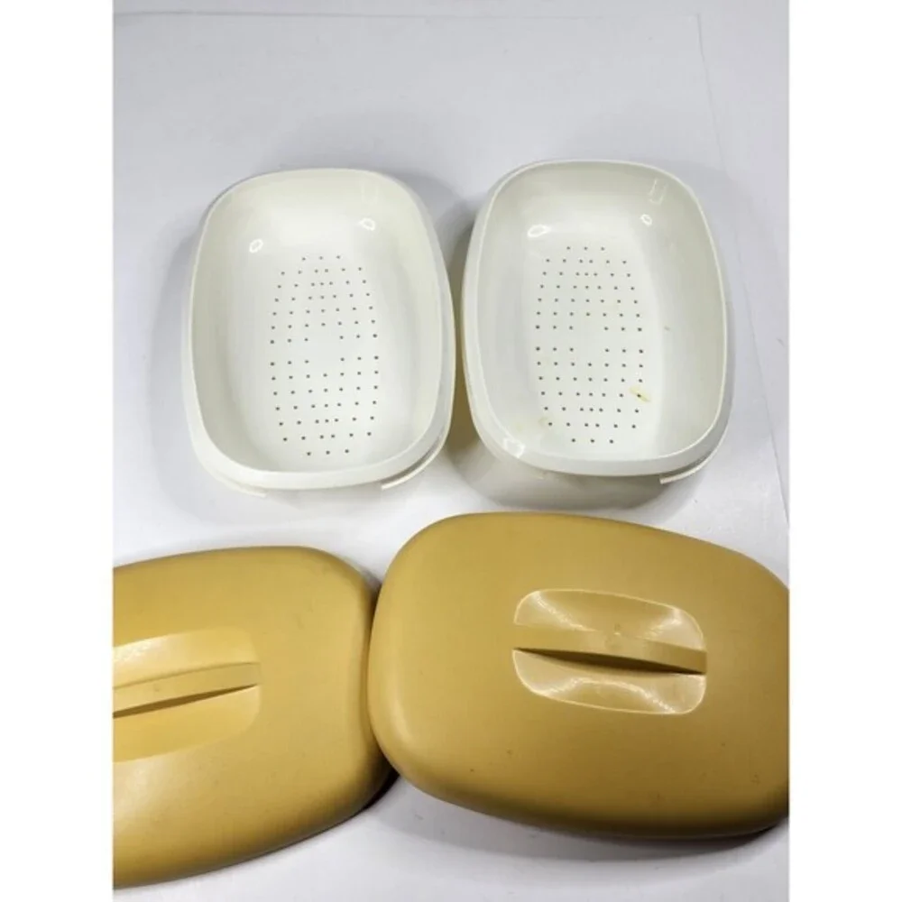Vintage‎ Tupperware Microwave Steamer Oval 4 Piece Set Harvest Gold Strainer Lid